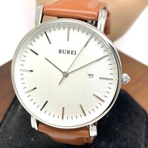 Burei Men's Watch S-19003M Quartz Silver Dial Brown Leather Strap 41mm